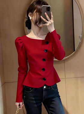 轻奢风红色泡泡袖排扣上衣通勤显白气质多纽扣设计2026春季新款女