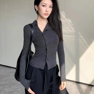 修身 新款 显瘦高级感内搭上衣 T恤女秋季 纯欲气风质单排扣磨毛长袖