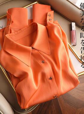 通勤风POLO领长袖衬衫女宽松纽扣橙色气质设计感小众上衣
