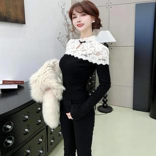 卡卡女装官方旗舰店正品新中式改良旗袍蕾丝拼接针织衫女修身上衣