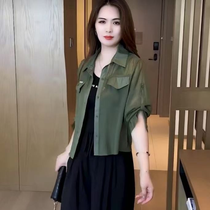 早秋时尚休闲衬衫女士短款秋季新款洋气显瘦防晒衣小个子薄款外套