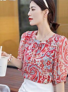 碎花雪纺衫短袖女新款2026夏季大码宽松百搭小衫减龄高档红色上衣