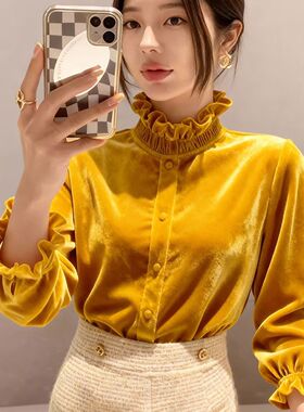法式小香风黄色丝绒上衣打底衣女内搭高级感可外穿独特漂亮秋冬季