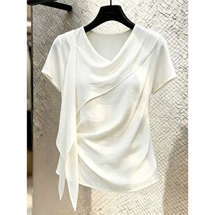 独特设计感白色飘带荡领短袖t恤女夏季新款简约百搭显瘦洋气上衣