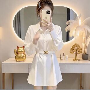 法式白色长袖衬衫连衣裙女春季2026新款设计感小个子收腰显瘦裙子