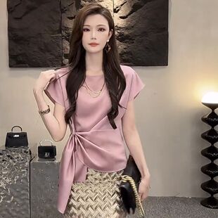 高冷御姐风设计感小众半袖衬衫女不规则交叉系带缎面别致上衣女夏