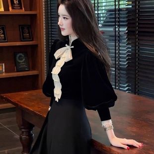 立领衬衫 长袖 上衣 女辣妹蕾丝拼接修身 秋冬独特复古盘扣丝绒打底衫