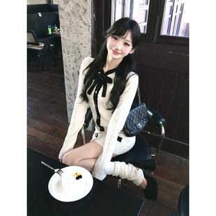 黑白撞色蝴蝶结针织开衫 RomanLand韩漫撩精 半身短裙两件套