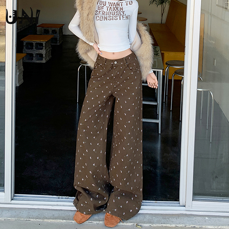 美式复古碎花加绒直筒牛仔裤女