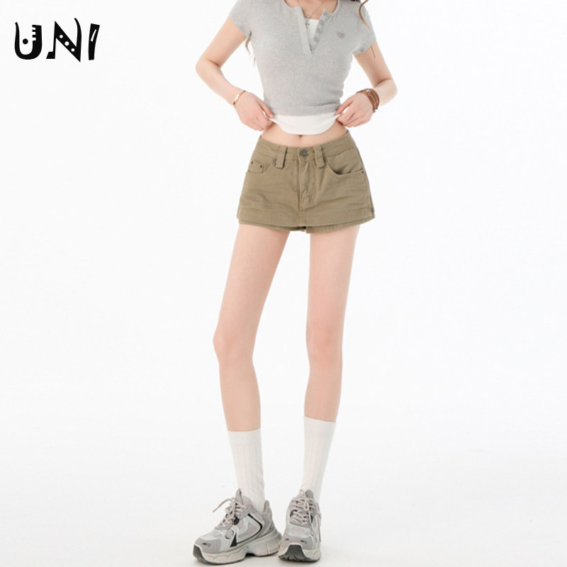 卡其色低腰超短裙裤女夏季新款侧拉链小众设计感宽松显瘦A字裤裙