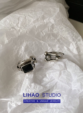 LIHAO做旧黑色戒指女INS潮流韩版时尚个性冷淡风复古嘻哈暗黑系酷