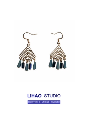 LIHAO蓝色系复古流苏小扇子耳环女ins简约个性百搭时尚气质高级感