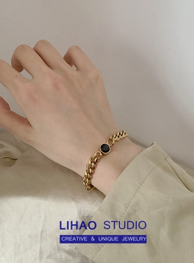 LIHAO黑色复古圆牌钛钢手链ins风潮流欧美小众设计男女简约不掉色