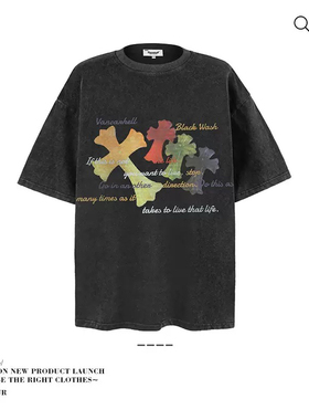 WetGrade美式复古十字架印花短袖t恤男女夏季宽松半袖T恤街潮