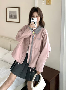 粉色复古牛仔拼接外套 新款女春秋韩系甜酷高级感 春秋外套女