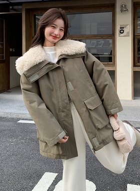 赵露思同款羊羔毛加厚工装派克服女 新款中长款保暖冲锋衣外套