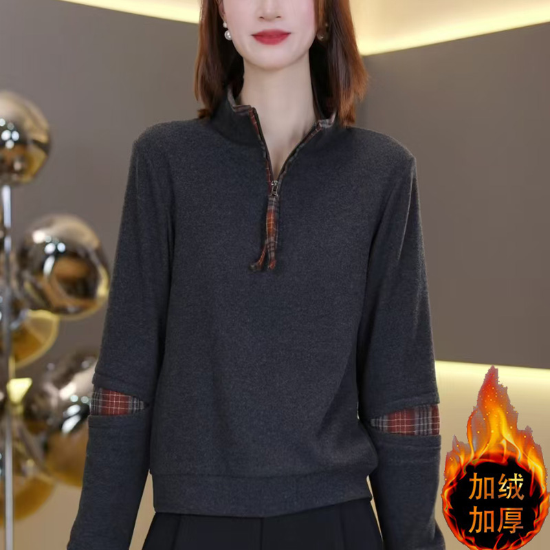 极简风一体绒半拉链长袖T恤女