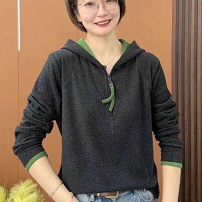 双面绒加厚半拉链连帽撞色卫衣女