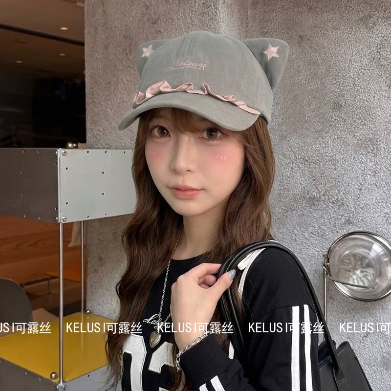 可露丝原创猫咪耳朵花边棒球帽
