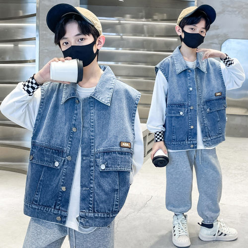 新款男童大口袋牛仔马甲背心春秋款潮流时尚柔软舒适翻领牛仔蓝色