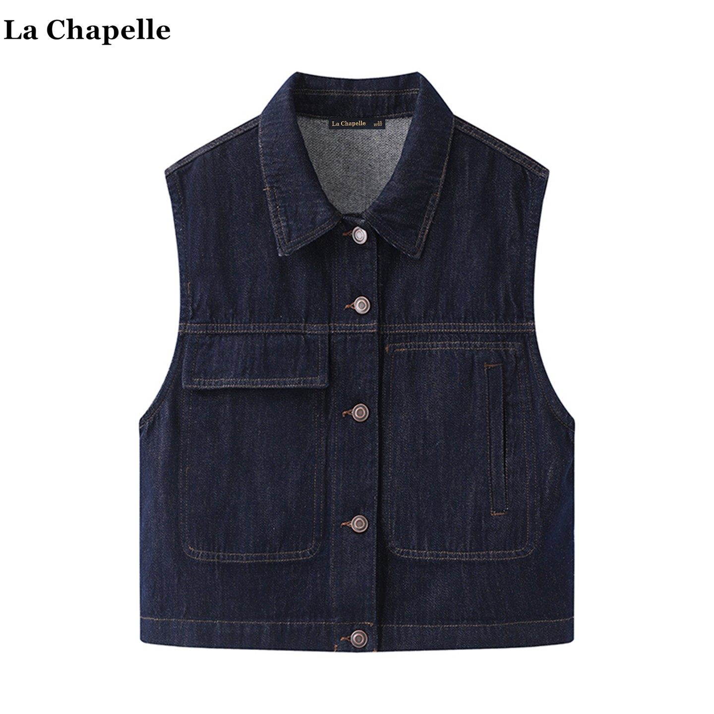 拉夏贝尔/La Chapelle复古工装牛仔马甲女春季新款单排扣无袖坎肩