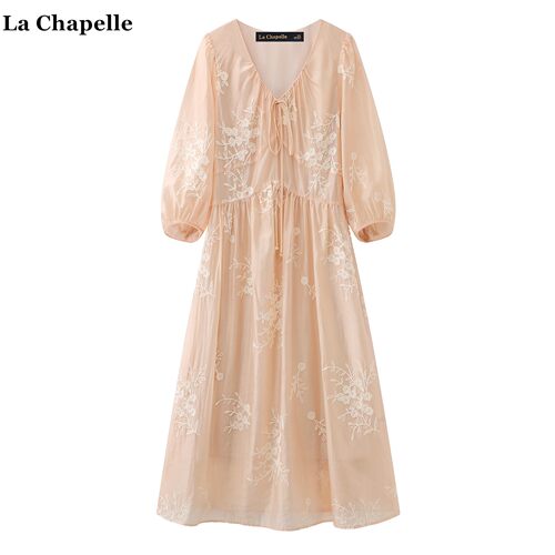 拉夏贝尔/La Chapelle法式刺绣花朵连衣裙女夏季新款优雅气质长裙