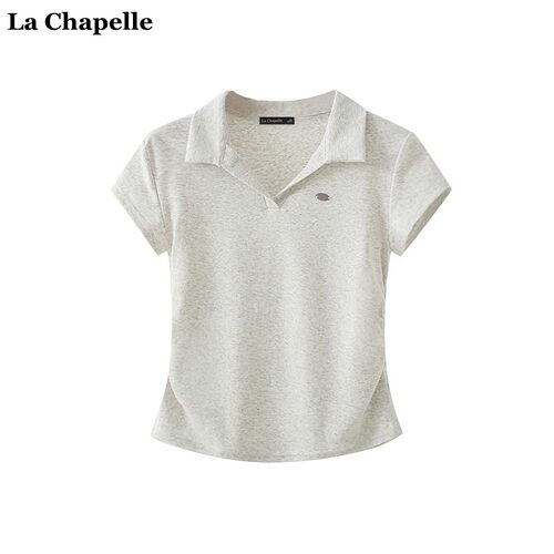 拉夏贝尔/La Chapelle翻领POLO衫上衣女夏季新款修身褶皱短袖T恤