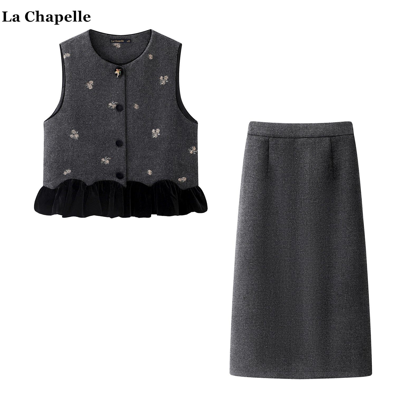 拉夏贝尔/La Chapelle小香风荷叶边刺绣马甲高腰毛呢半身裙套装女,女装/女士精品,时尚套装,淘宝优惠券,粉丝福利购,淘宝优惠卷