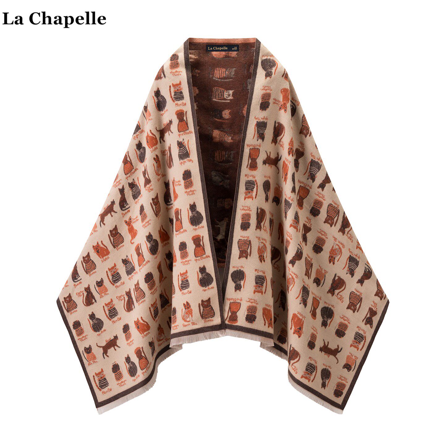 拉夏贝尔/La Chapelle冬新款卡通猫咪印花围巾围脖女双面保暖披肩