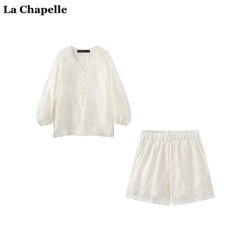 拉夏贝尔/La Chapelle新中式国风套装夏季新款v领衬衫刺绣短裤女