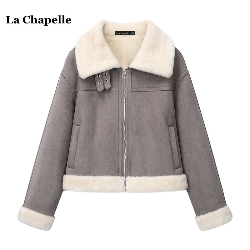 拉夏贝尔/La Chapelle冬季复古皮毛一体加厚麂皮绒外套女短款上衣