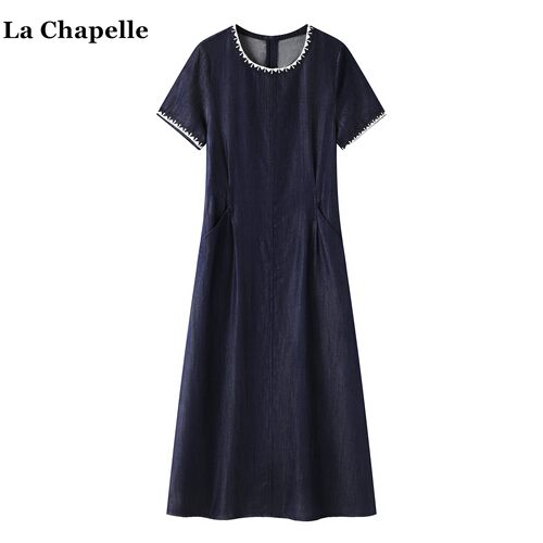 拉夏贝尔/La Chapelle夏季新款修身收腰气质时尚短袖牛仔连衣裙女