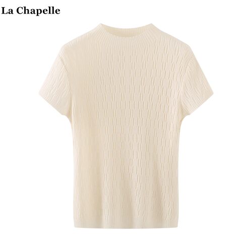 拉夏贝尔/La Chapelle半高领镂空短袖针织衫女通勤气质打底衫上衣
