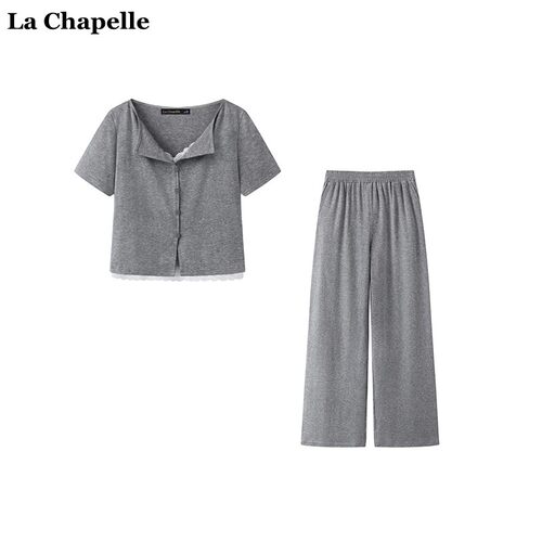 拉夏贝尔/La Chapelle蕾丝拼接假两件T恤阔腿裤女夏季休闲俩件套