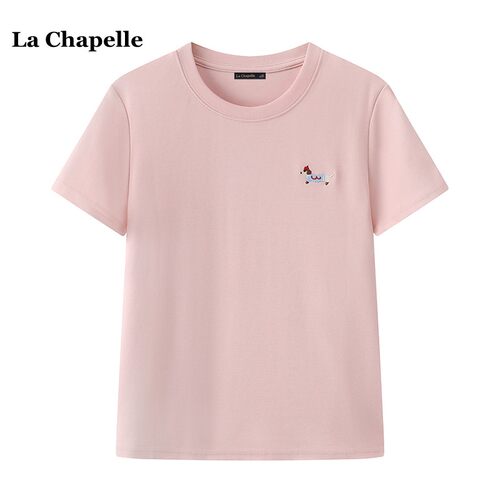 拉夏贝尔/La Chapelle粉色小狗刺绣正肩T恤女夏新款修身显瘦上衣