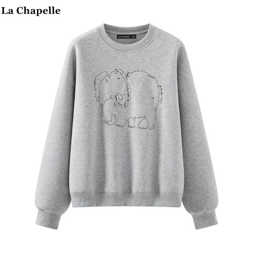 拉夏贝尔/La Chapelle卡通小象刺绣圆领加绒卫衣女冬季慵懒风上衣