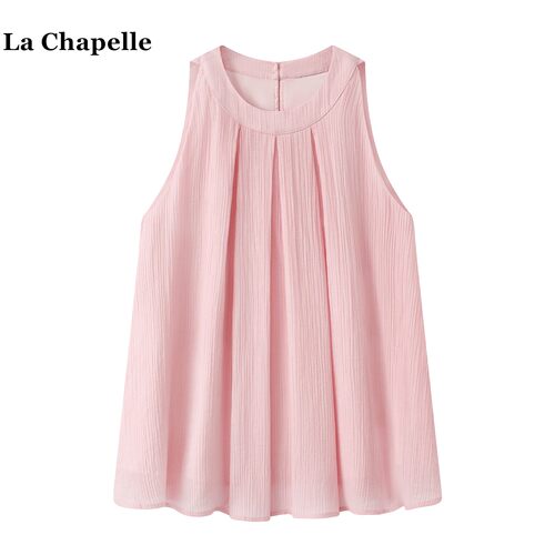拉夏贝尔/La Chapelle设计感褶皱无袖背心女夏季甜美减龄露肩衬衫