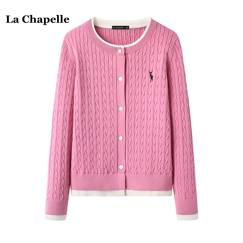 拉夏贝尔/La Chapelle假两件绞花针织开衫女秋冬圆领刺绣毛衣上衣