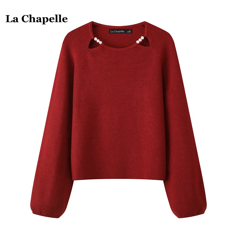 拉夏贝尔/La Chapelle法式复古珍珠长袖针织衫秋冬宽松圆领毛衣女