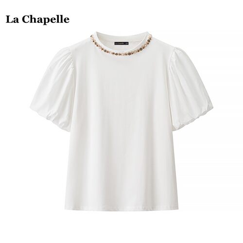 拉夏贝尔/La Chapelle学院风泡泡袖白色T恤女夏季新款民族风上衣