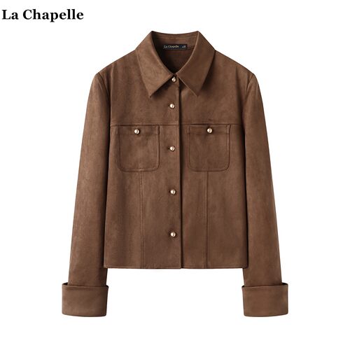 拉夏贝尔/La Chapelle复古麂皮绒短外套女秋季新款美拉德棕色夹克