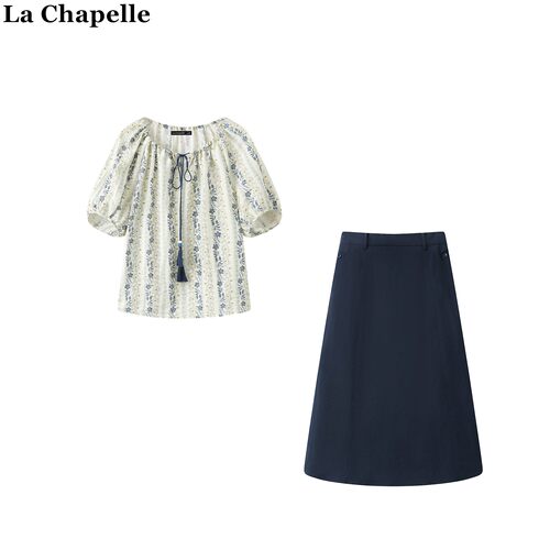 拉夏贝尔/La Chapelle系带圆领短袖衬衫a字半身裙夏季时尚套装女