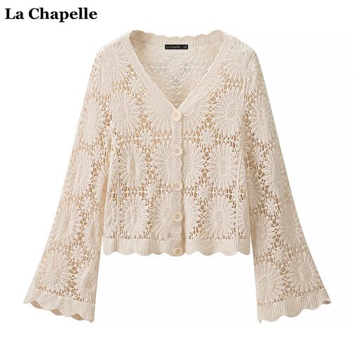 拉夏贝尔/La Chapelle法式V领镂空钩花针织开衫女夏季高级感罩衫