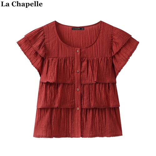 拉夏贝尔/La Chapelle纯色简约百搭小飞袖短袖衬衫宽松显瘦上衣女