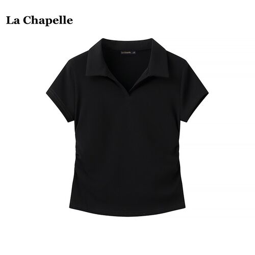 拉夏贝尔/La Chapelle夏季纯色设计感抽褶收腰修身T恤短袖上衣女