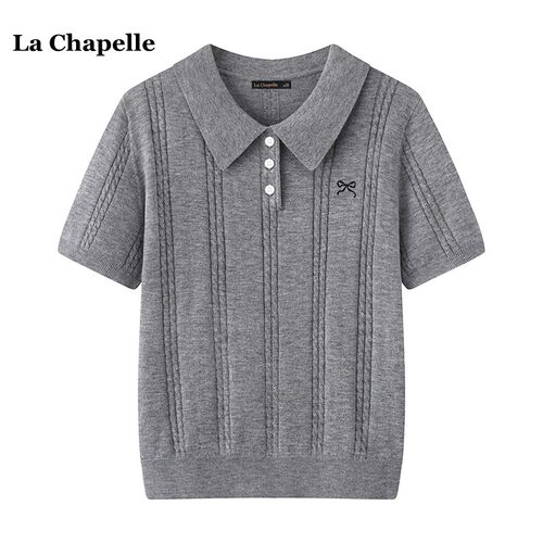 拉夏贝尔/La Chapelle蝴蝶结刺绣针织衫女夏季miu系小衫短袖上衣