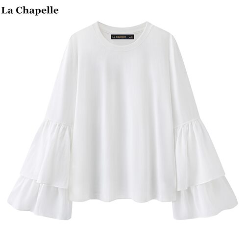 拉夏贝尔/La Chapelle白色荷叶边长袖T恤女春季新款圆领宽松上衣