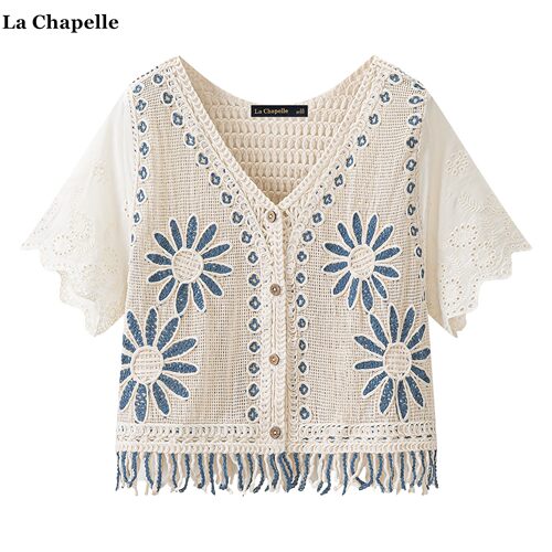 拉夏贝尔/La Chapelle波西米亚民族风刺绣针织开衫女夏季镂空上衣