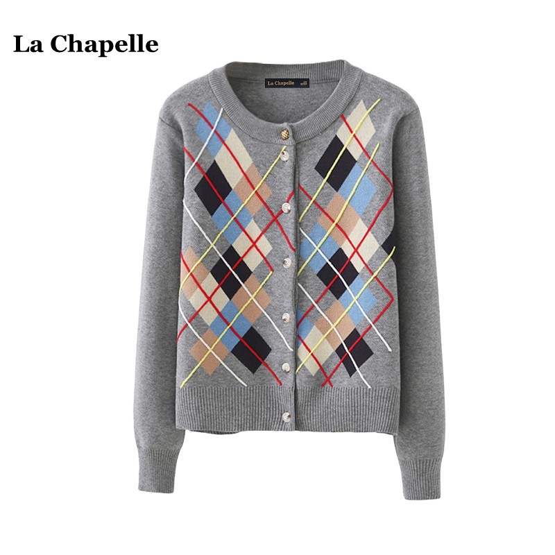 拉夏贝尔/La Chapelle法式复古菱格针织开衫女秋冬单排扣拼色毛衣
