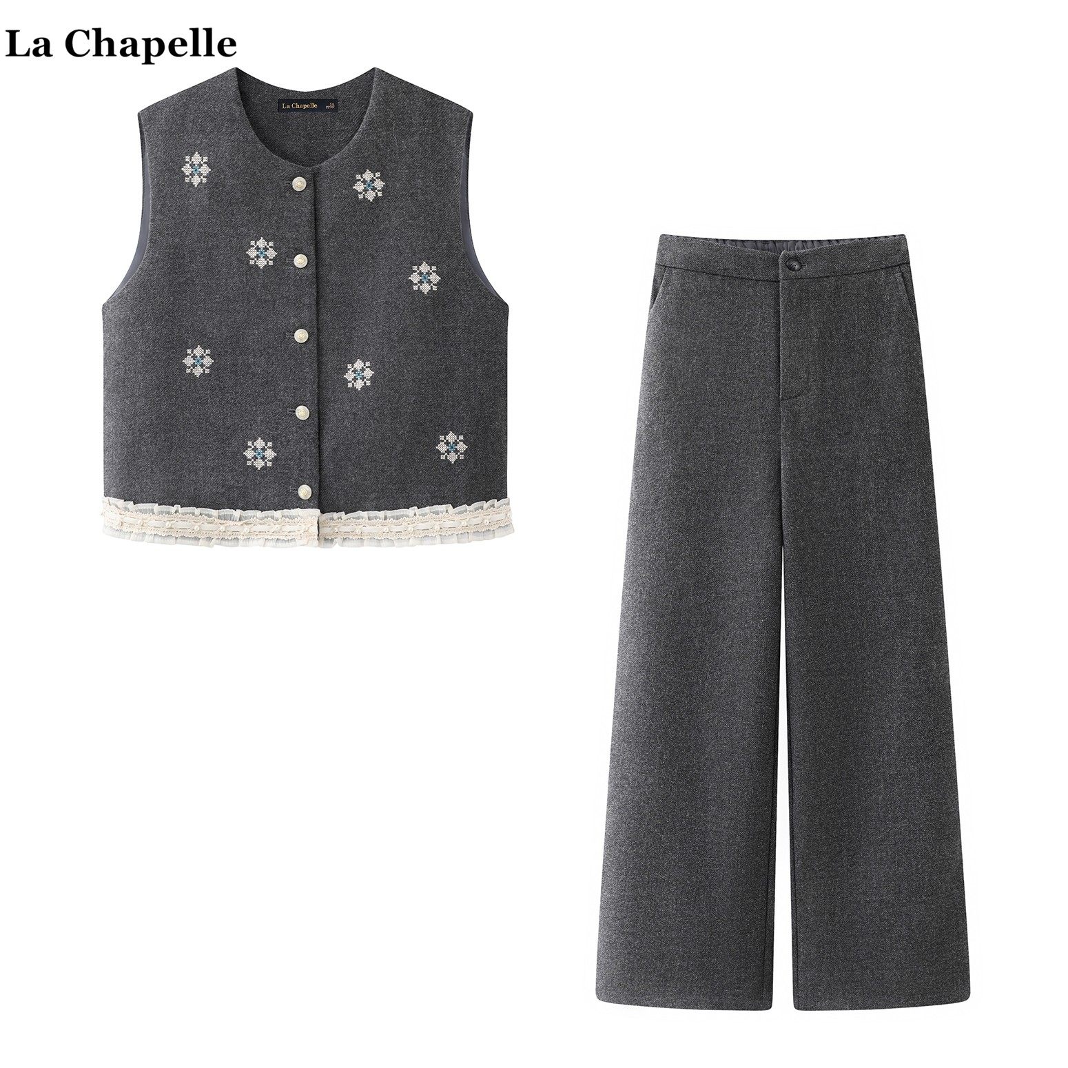 拉夏贝尔/La Chapelle小香风灰色刺绣马甲西装毛呢阔腿裤俩件套女,女装/女士精品,时尚套装,淘宝优惠券,粉丝福利购,淘宝优惠卷